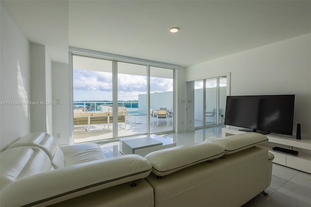 living room featuring a wall of windows