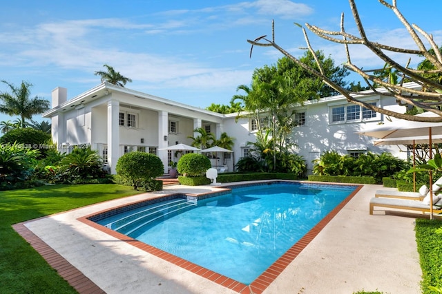 view of swimming pool featuring a patio area and a lawn