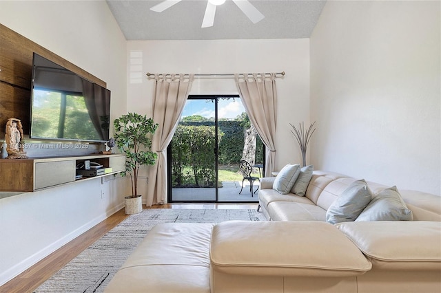 living room featuring ceiling fan and wood-type flooring