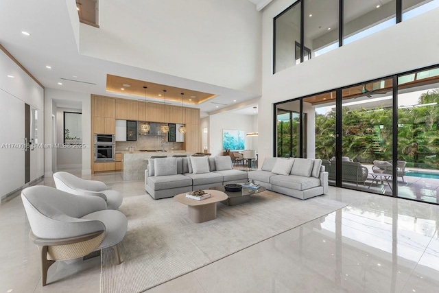 living room featuring a tray ceiling and a towering ceiling