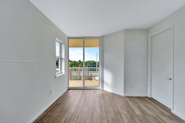 spare room featuring floor to ceiling windows and light hardwood / wood-style flooring