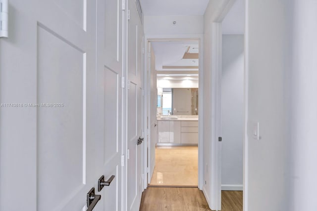 corridor with sink and light hardwood / wood-style flooring