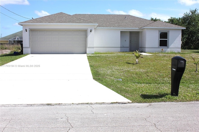 single story home featuring a front yard and a garage