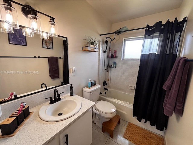 full bathroom with vanity, toilet, tile patterned flooring, and shower / bath combo with shower curtain