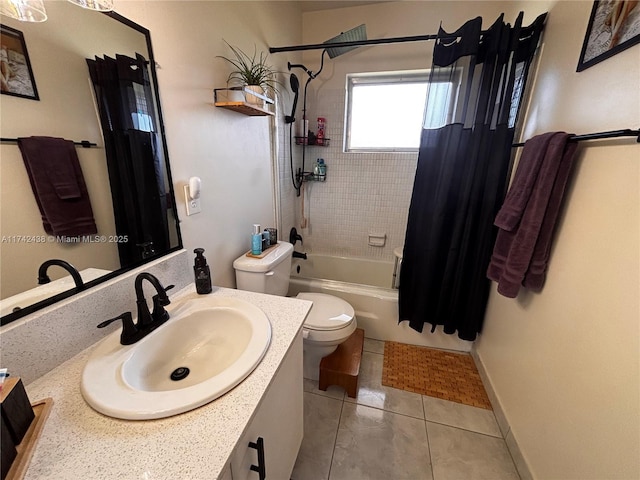 full bathroom featuring shower / tub combo, vanity, tile patterned floors, and toilet