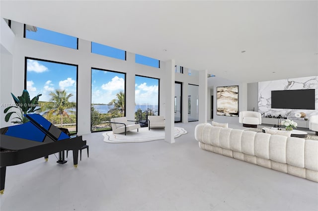 living room with a high ceiling