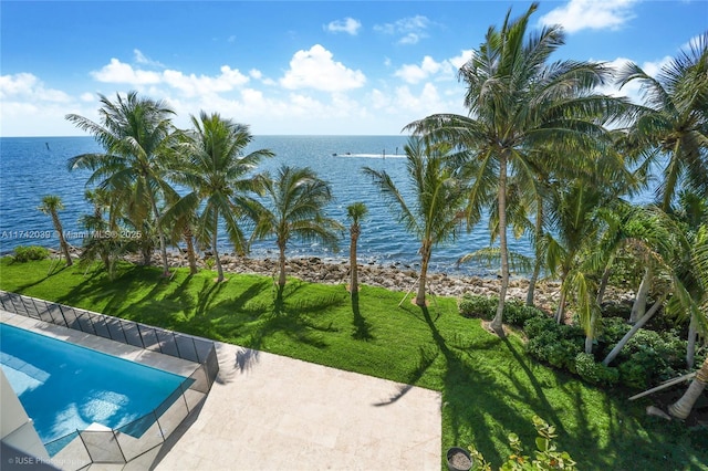 view of swimming pool featuring a fenced in pool and a water view