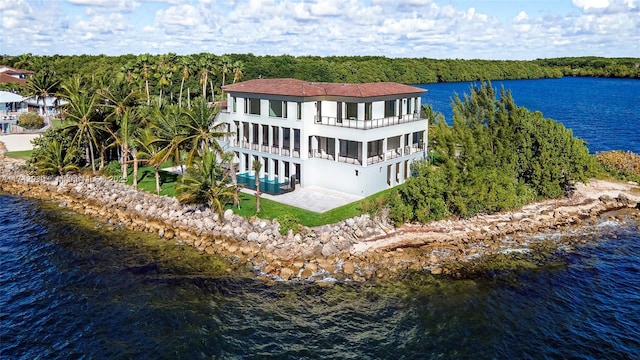 birds eye view of property featuring a water view and a wooded view