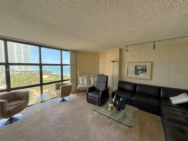 carpeted living room featuring a water view, a wall of windows, and a textured ceiling