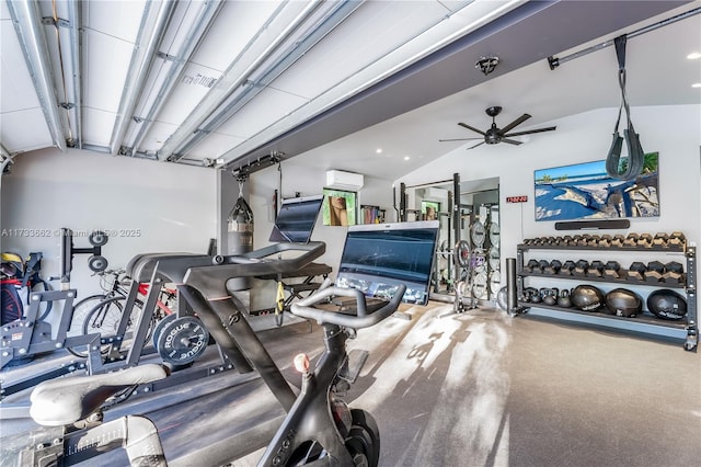 2415 San Domingo St, Coral Gables, FL 33134 - exercise room with lofted ceiling, a garage, visible vents, a ceiling fan, and an AC wall unit