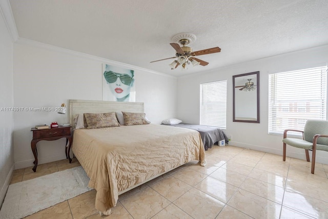 bedroom with ornamental molding, a textured ceiling, and ceiling fan