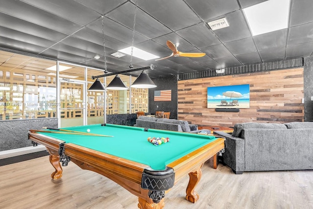 rec room with pool table, visible vents, wooden walls, wood finished floors, and a drop ceiling