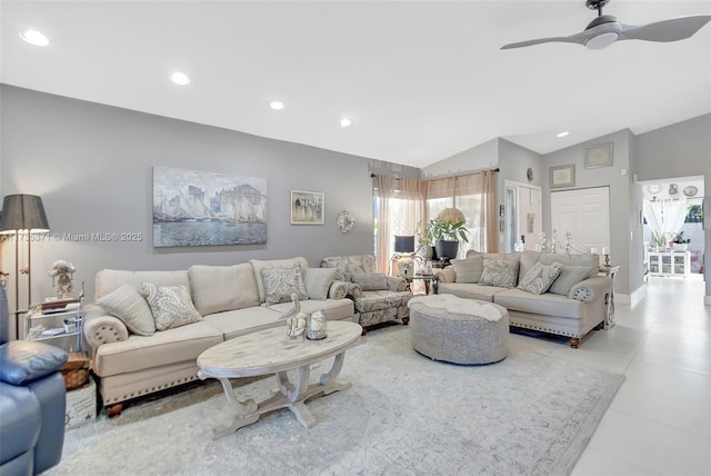 living room with vaulted ceiling and ceiling fan