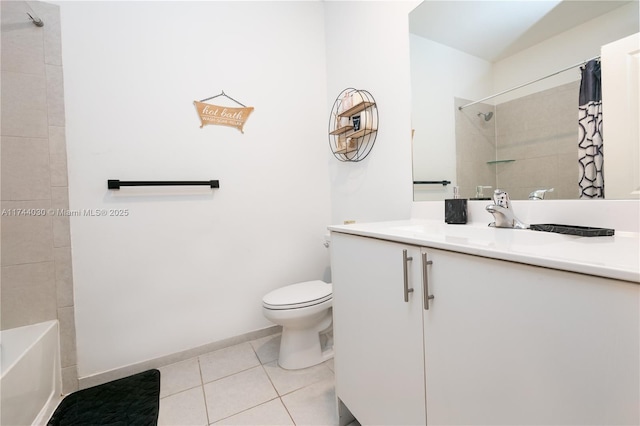 full bathroom featuring vanity, shower / tub combo, tile patterned floors, and toilet