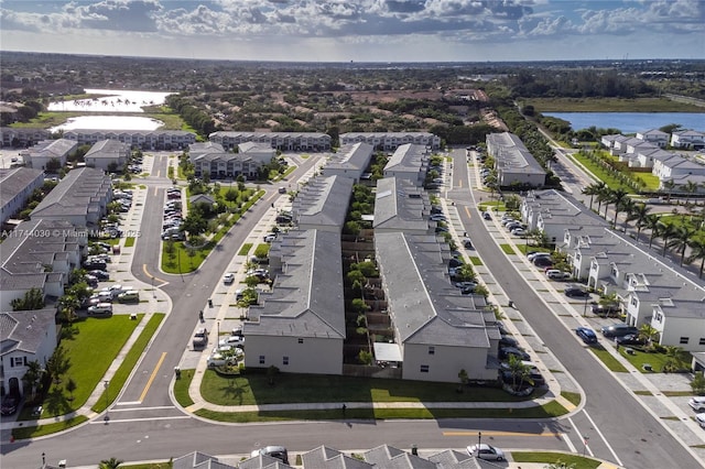 drone / aerial view featuring a water view