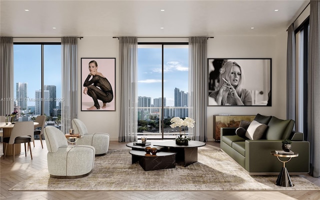 living room featuring light parquet floors