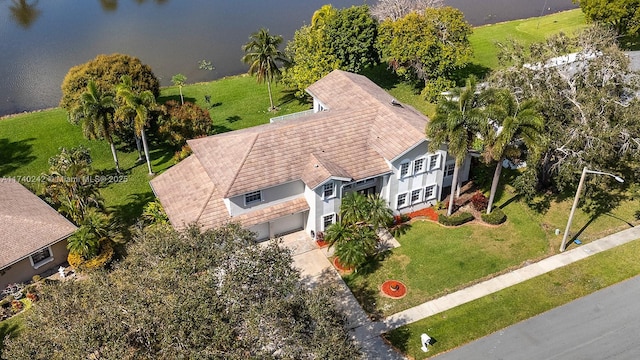 aerial view featuring a water view