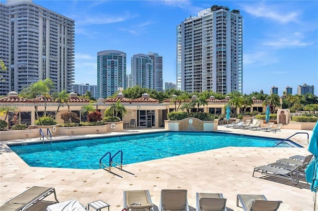 view of swimming pool featuring a patio