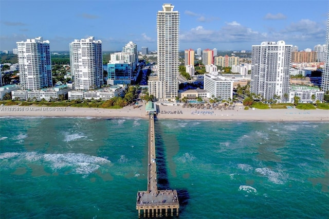 drone / aerial view with a water view and a beach view