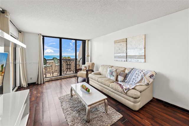 2555 Collins Ave Unit 403, Miami Beach, FL 33140 - living area featuring expansive windows, hardwood / wood-style floors, a textured ceiling, and baseboards