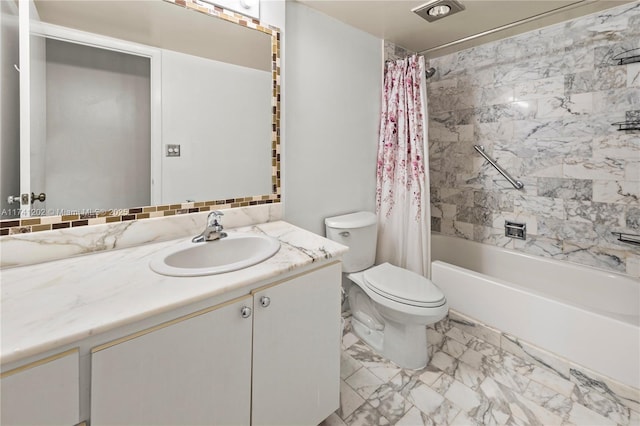 2555 Collins Ave Unit 403, Miami Beach, FL 33140 - full bathroom featuring vanity, toilet, shower / tub combo with curtain, and marble look tiles