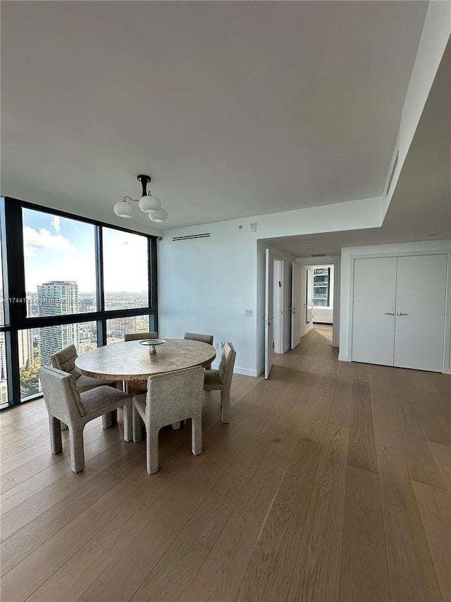 dining room with expansive windows and light hardwood / wood-style floors