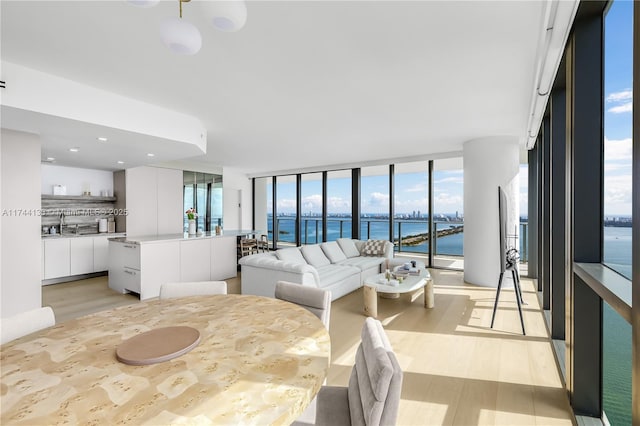 dining space with light wood finished floors, plenty of natural light, recessed lighting, and a water view