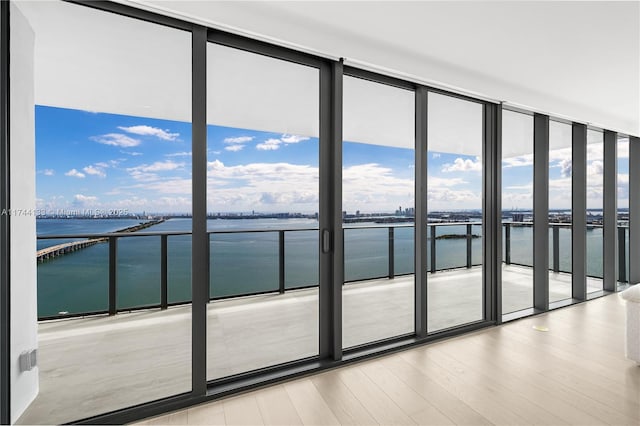 interior space featuring a water view, expansive windows, and wood finished floors