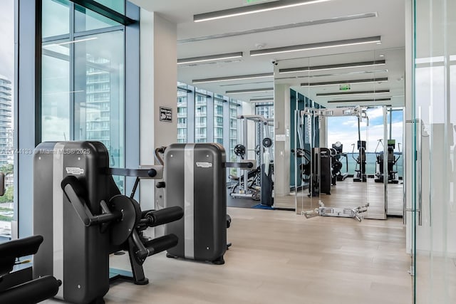 exercise room with floor to ceiling windows and wood finished floors