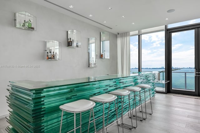 bar featuring a dry bar, a wall of windows, and wood finished floors