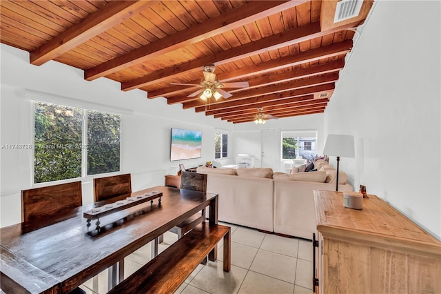 tiled living room with beam ceiling, ceiling fan, and wood ceiling