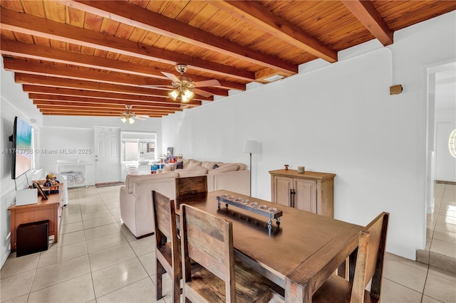 dining room featuring light tile patterned floors, wooden ceiling, and ceiling fan