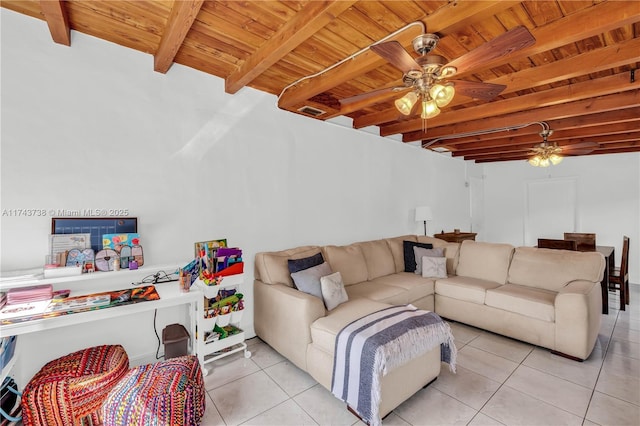 living room featuring beam ceiling, ceiling fan, light tile patterned floors, and wood ceiling