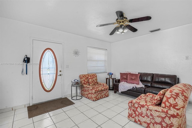 living room with ceiling fan