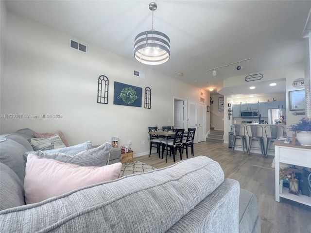 living room featuring rail lighting and hardwood / wood-style floors