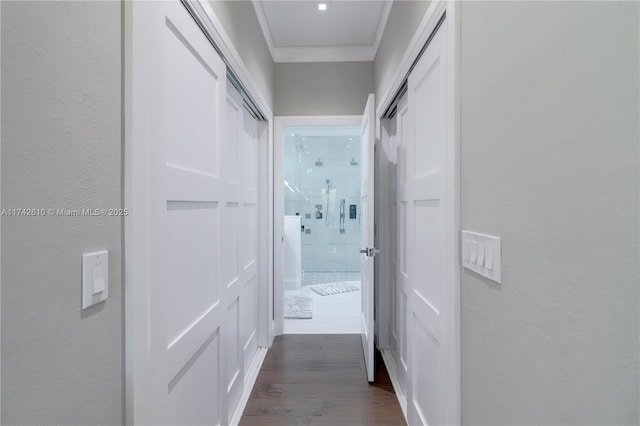 corridor with dark wood-type flooring and ornamental molding