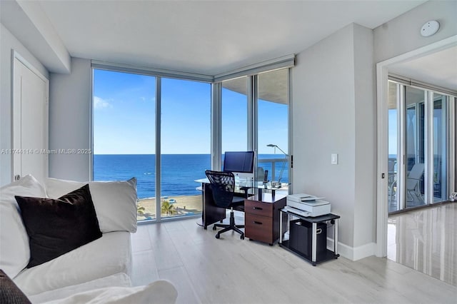 office space featuring floor to ceiling windows and light wood-type flooring