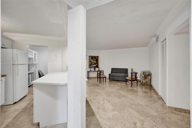 interior space with crown molding and a textured ceiling