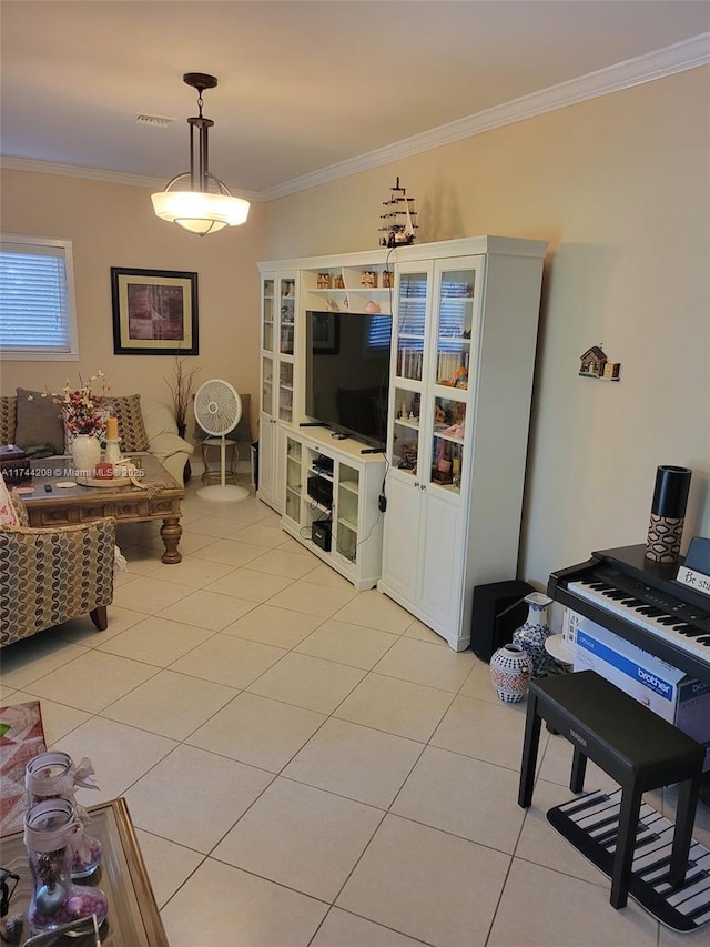 tiled living room featuring ornamental molding