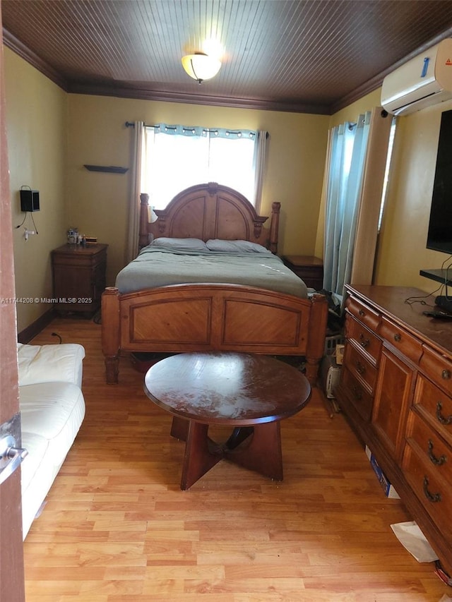 bedroom with crown molding, an AC wall unit, wooden ceiling, and light wood-type flooring