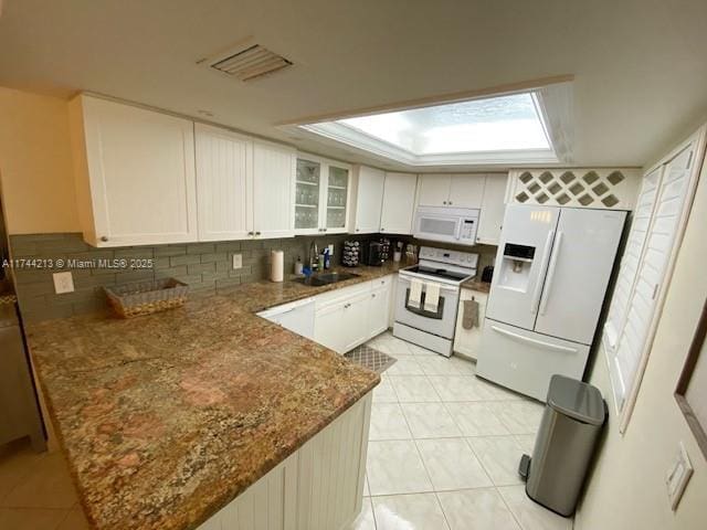 kitchen with sink, tasteful backsplash, kitchen peninsula, white appliances, and white cabinets