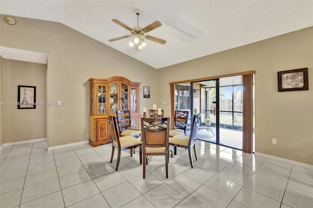 5911 Epsom Ln, Davie, FL 33331 - dining room featuring vaulted ceiling, a ceiling fan, light tile patterned flooring, and baseboards