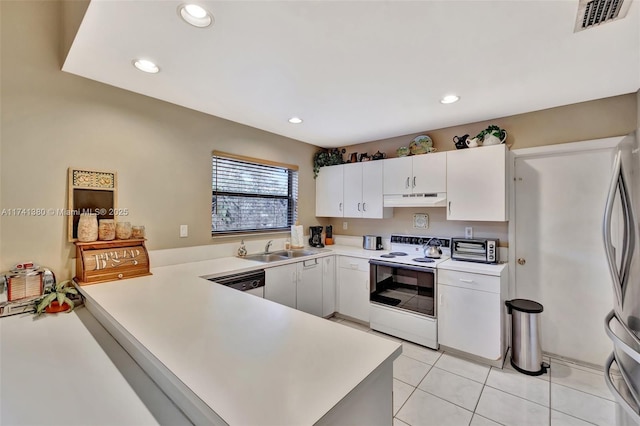 kitchen featuring light tile patterned flooring, sink, white cabinetry, kitchen peninsula, and stainless steel appliances