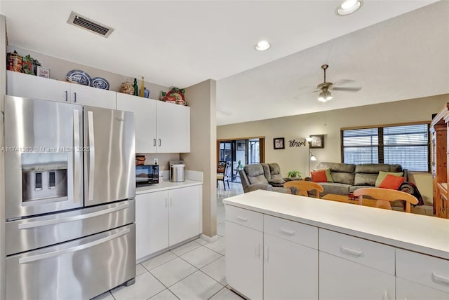 5911 Epsom Ln, Davie, FL 33331 - kitchen with stainless steel fridge with ice dispenser, light countertops, ceiling fan, healthy amount of natural light, and recessed lighting
