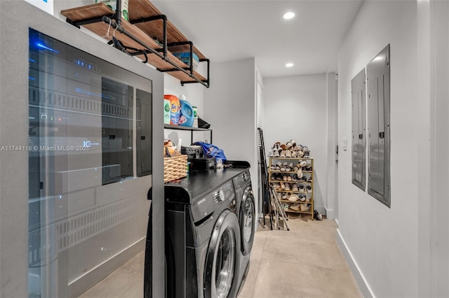 285 W Mashta Dr, Key Biscayne, FL 33149 - washroom with independent washer and dryer, recessed lighting, baseboards, and light tile patterned floors