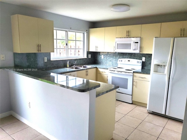 kitchen featuring light tile patterned flooring, sink, kitchen peninsula, white appliances, and backsplash