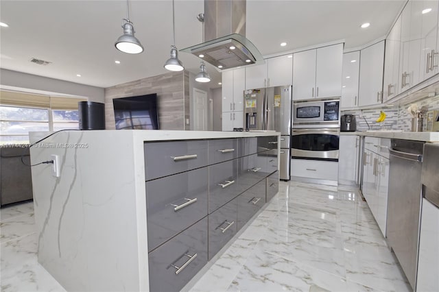 161 NW 46th Ter, Plantation, FL 33317 - kitchen featuring marble finish floor, modern cabinets, gray cabinets, island exhaust hood, and stainless steel appliances