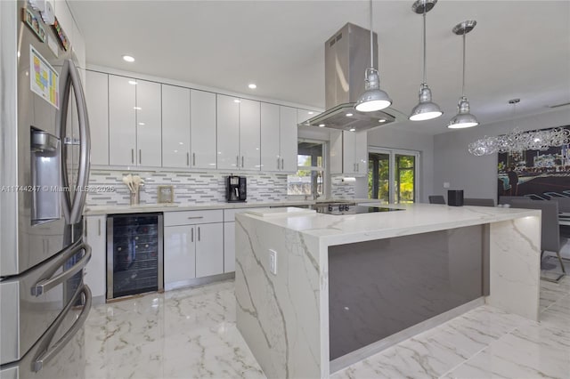 161 NW 46th Ter, Plantation, FL 33317 - kitchen with wine cooler, island exhaust hood, stainless steel fridge, modern cabinets, and marble finish floor