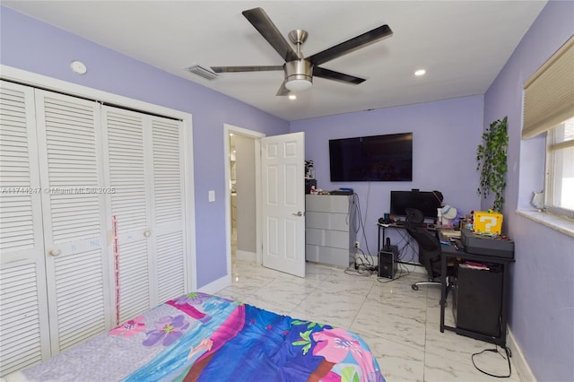 161 NW 46th Ter, Plantation, FL 33317 - bedroom featuring visible vents, baseboards, recessed lighting, a closet, and marble finish floor