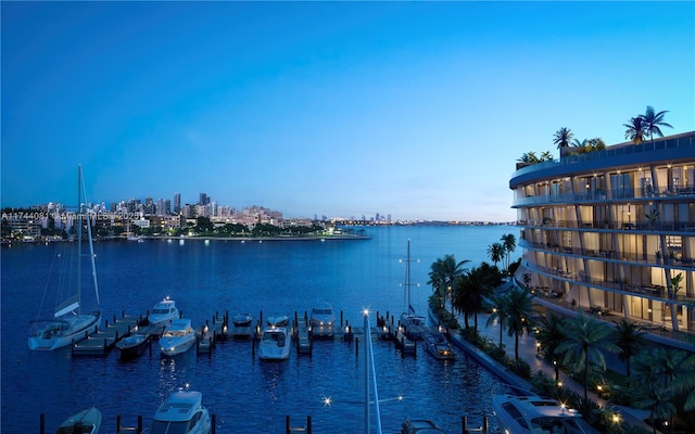 view of water feature with a boat dock